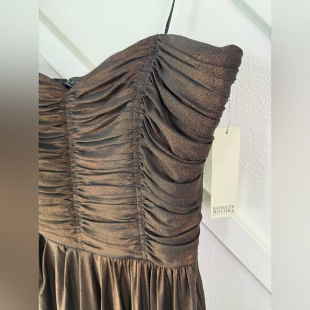 NWT Badgley Mischka Collection Bronze Ruched Strapless Cocktail Dress Size 16